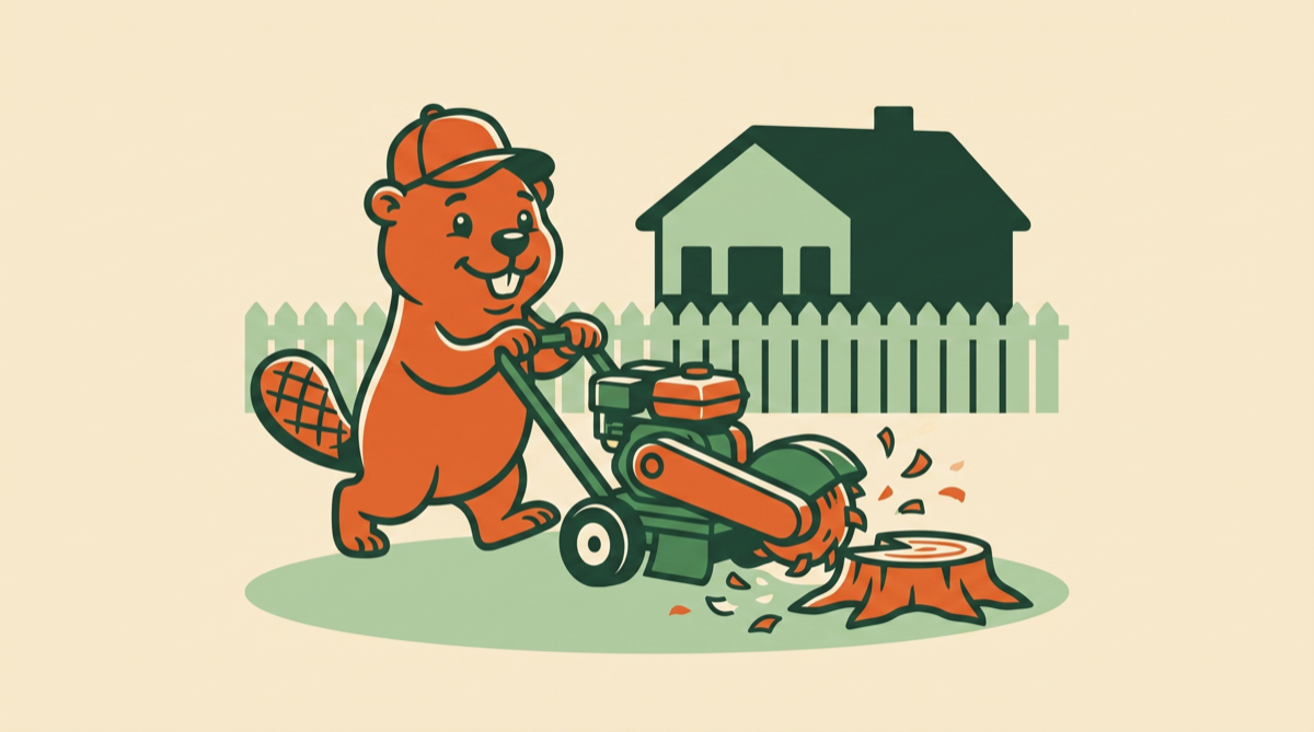 Our mascot grinding a stump down flush with the yard